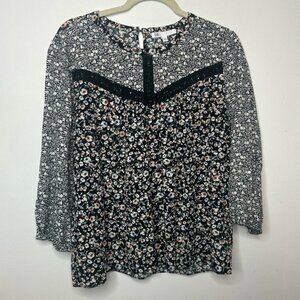 DR2 Boho Round Neck Blouse Floral Crochet Boho Hippie Long Sleeve Womens Large L